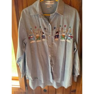 Casey Coleman‎ Women's Embroidered Snowman Christmas Holiday Shirt Denim Size XL